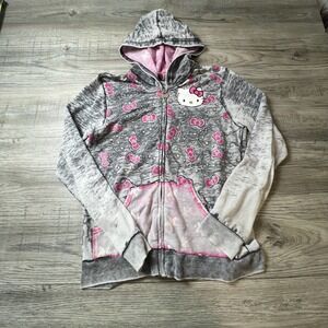 Sanrio Hello Kitty Hoodie Womens XL Grey Pink Burnout Zip Up Y2K Kawaii HK84193